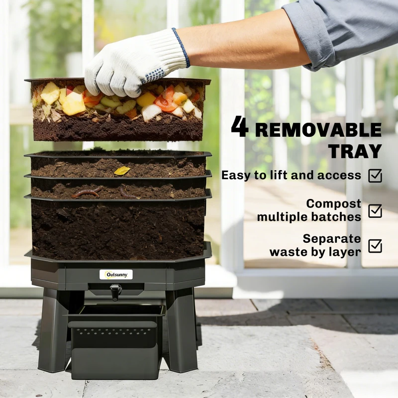 Outsunny 4-Tray Worm Composter Bin, 7.4 Gal Outdoor & Indoor Worm Composter for Recycling Food Waste, Orange