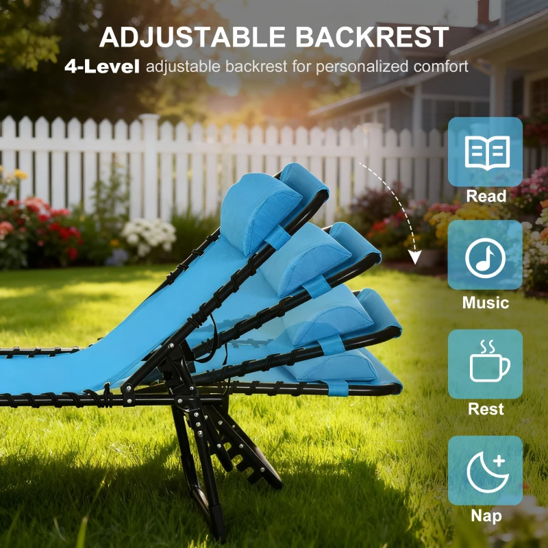 Outsunny Outdoor Folding Lounge Chair, 4-Level Adjustable Chaise Lounge with Headrest, Tanning Chair Beach Bed, Reclining Lounger Cot for Camping, Hiking, Backyard, Sky Blue