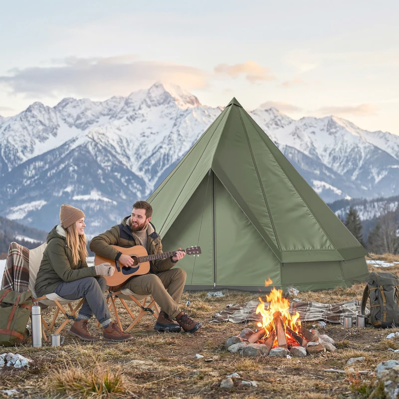 Outsunny Teepee Tent Waterproof Camping Tent with Stove Jack for 4-6 People for Outdoor Camping Hiking Army Green
