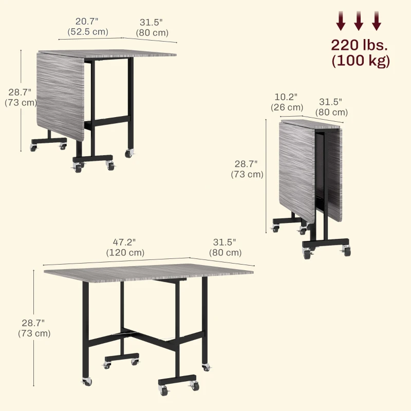 HOMCOM Six-Seater Drop-Leaf Dining Table with Wheels, Grey