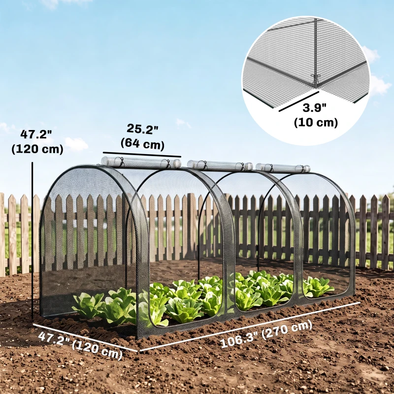 Outsunny 9' x 4' Crop Cage, Garden Plant Protector, with 3 Zippered Doors and 4 Ground Stakes, for Garden, Yard, Lawn, Black