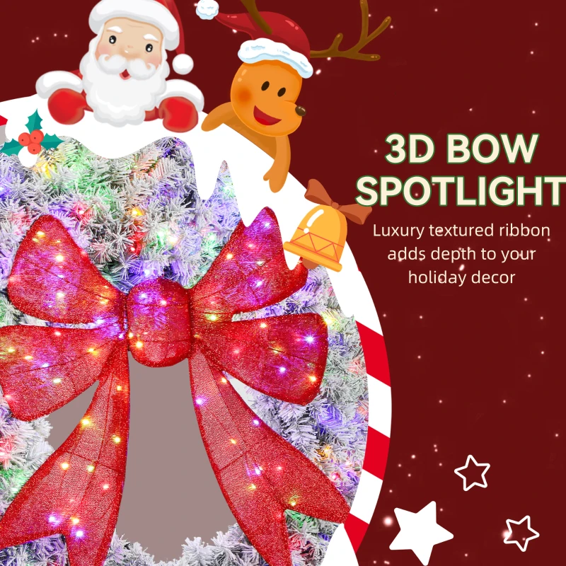 HOMCOM 36in Flocked Pre-Lit Christmas Wreath with 3D Red Bow, 11 Lighting Modes, Front Door Christmas Wreath with Remote