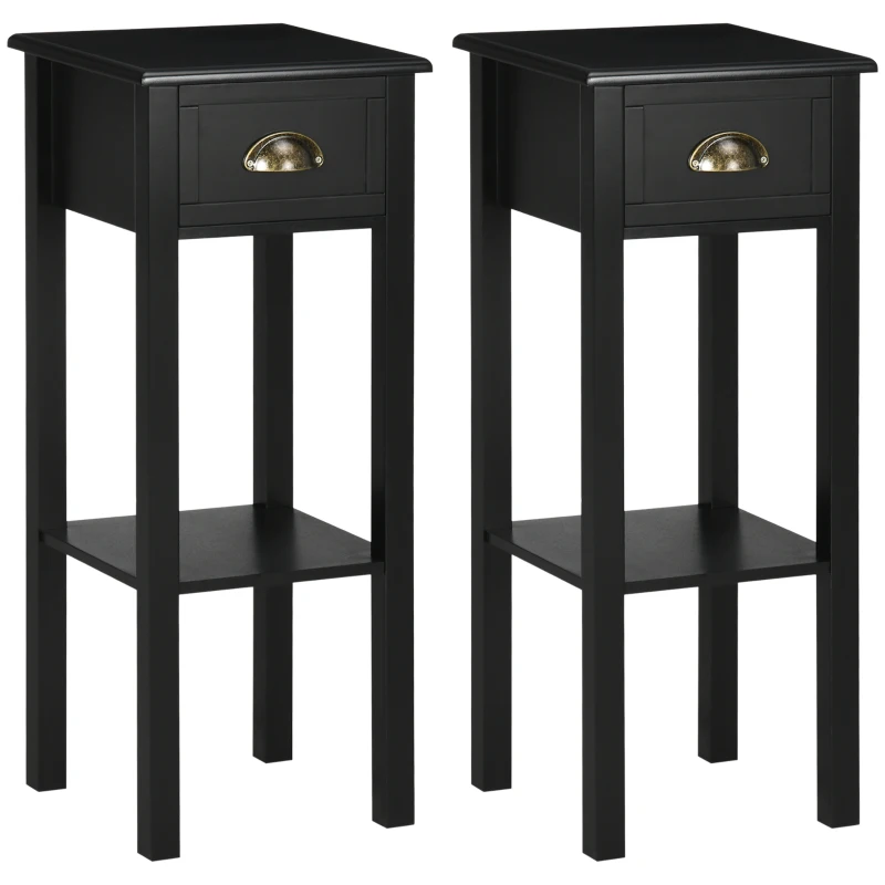 HOMCOM 2-Tier Nightstand, Side Table with Drawer and Shelf for Living Room or Bedroom, Set of 2, Black