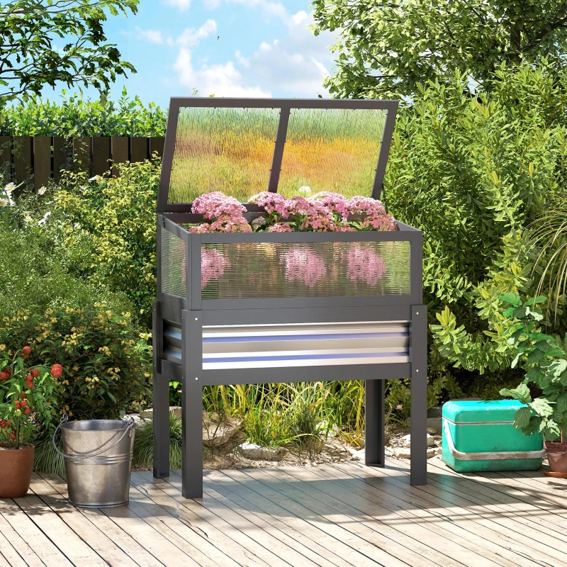 Outsunny Raised Garden Bed with Flip-Up Greenhouse Top, Wooden Elevated Planter Box with Legs and Liner, Grey
