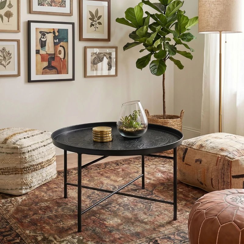 HOMCOM Coffee Table for Living Room, 24" Round Center Table with Hammered Tray Top and Metal Frame for Bedroom, Black