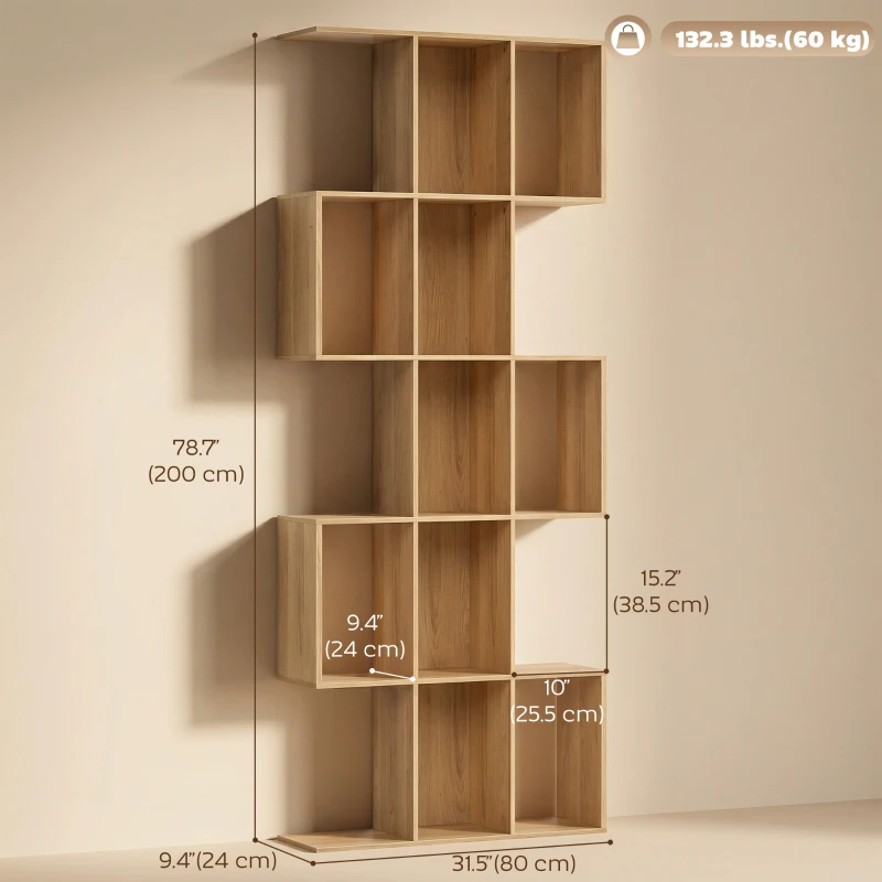 HOMCOM 5-Tier Bookshelf, S Shaped Geometric Bookcase with 15 Compartments, Oak