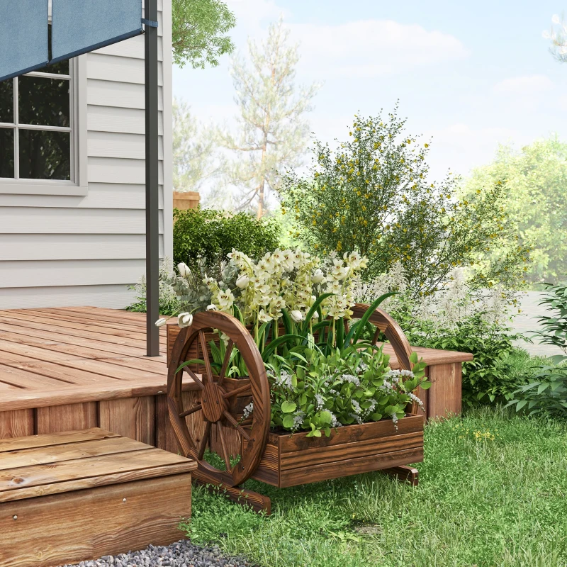 Outsunny Wooden Wagon Planter Box, 3-Tier Raised Garden Bed, for Vegetables Flowers Herbs, 24" x 24" x 22", Carbonized