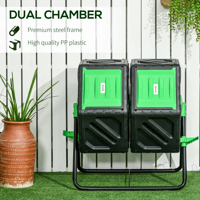 Outsunny Rotating Composter, Dual Chamber Compost Bin with 24 Vents and Steel Legs, 34.5 Gallon, Green