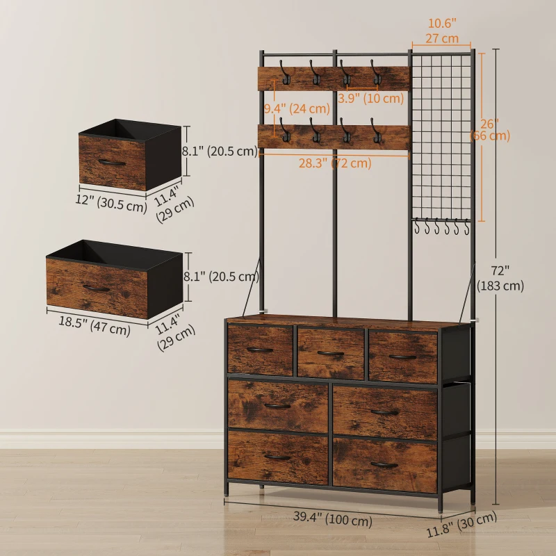HOMCOM 4-In-1 Coat Rack with 7 Drawer Fabric Dresser, Hall Tree with 14 Hooks for Hallway, Entryway, Rustic Brown