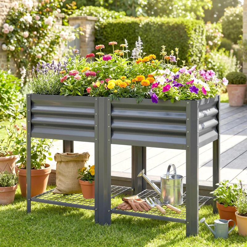 Outsunny Raised Garden Bed Galvanized Steel, Elevated Planter Box with Storage Shelf, Bed Liner, 31.5" High, Dark Gray