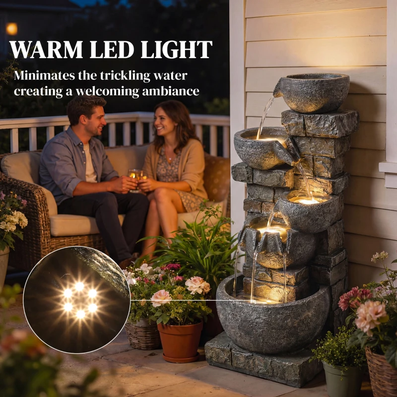 Outsunny Outdoor Water Fountain with LED Lights, 31.5" Tall 5 Tiers Cascading Water Feature for Garden Patio Home Decor, Gray