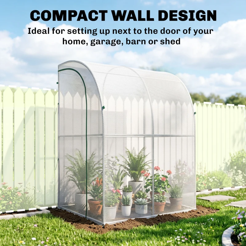 Outsunny 5' x 4' x 7' Outdoor Lean to Greenhouse, Walk-In Green House Plant Nursery with Roll-up Window, PE Cover, White