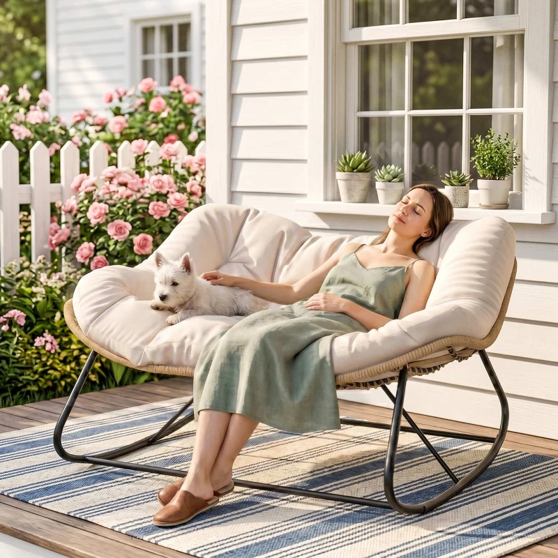 Outsunny Indoor Outdoor Double Papasan Rocking Chair, Oversized Rocking Egg Chair with Cushion for Garden, Patio, Cream White