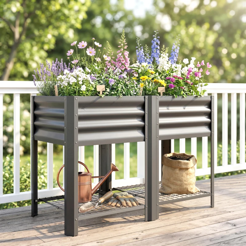 Outsunny Raised Garden Bed Galvanized Steel, Elevated Planter Box with Storage Shelf, Bed Liner, 31.5" High, Dark Gray
