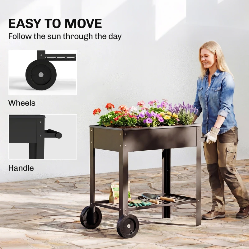 Outsunny Metal Raised Garden Bed, Elevated Planter Box with 2 Wheels, Handle and Shelf, 31.5" Tall Raised Planter