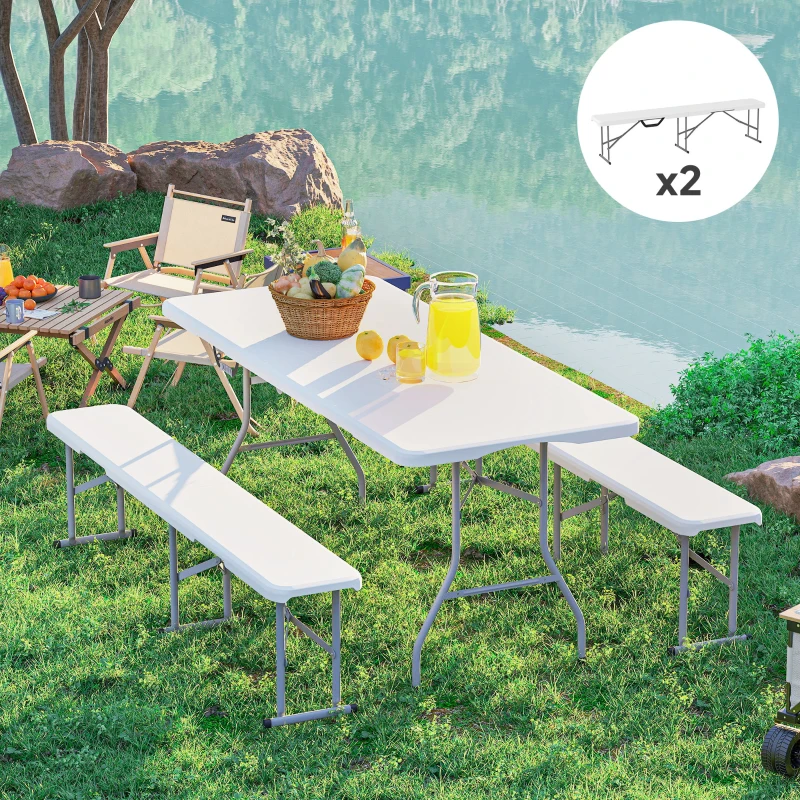 Outsunny 2 Pack 6 ft Portable Foldable Bench Seats, Plastic Folding Benches with Carrying Handle for Camping, White