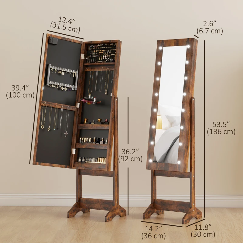 HOMCOM Free Standing Armoire Organizer, Lighted Mirrored Jewelry Cabinet w/ Angle Adjustable & 16 LED Lights Rustic Brown