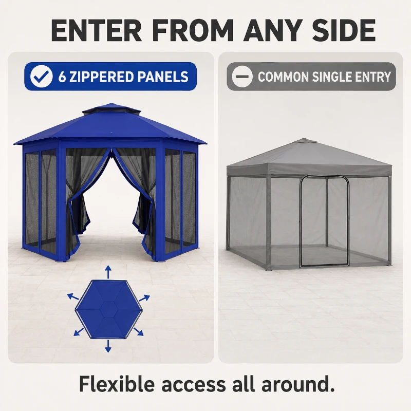 Outsunny 13' x 13' Pop Up Gazebo Hexagonal Canopy Shelter with 6 Zippered Mesh Netting for Patio Backyard Garden Wedding Party