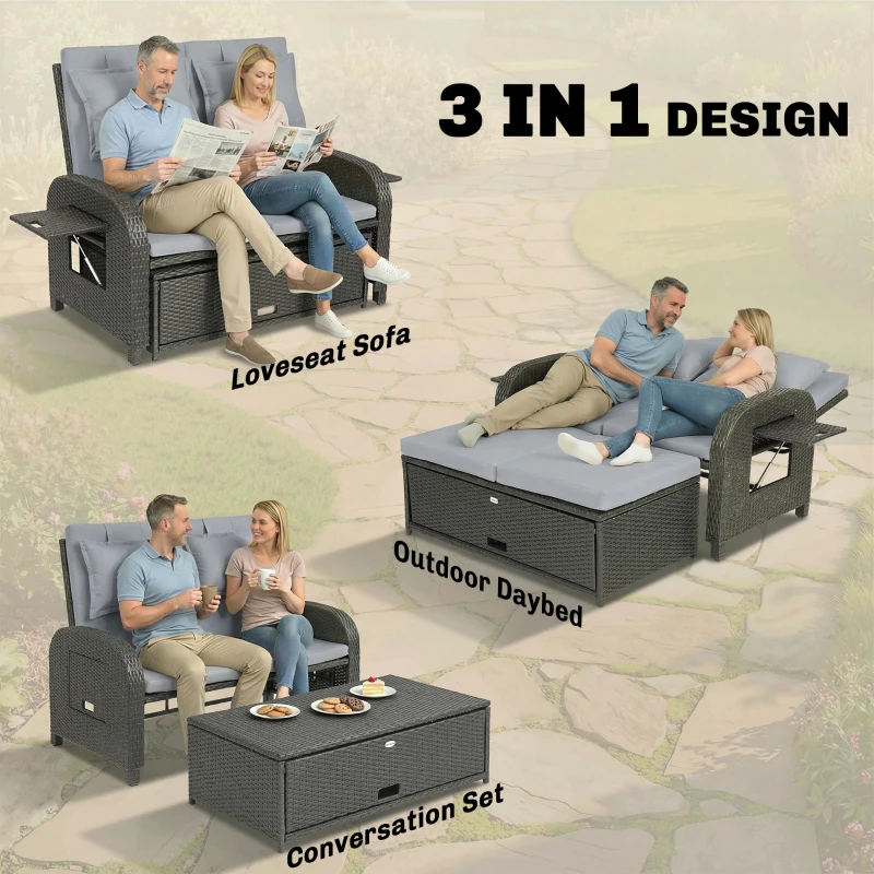 Outsunny Patio Rattan Daybed, Wicker Outdoor Daybed with Storage Ottoman, Loveseat w/ Adjustable Backrest, Gray