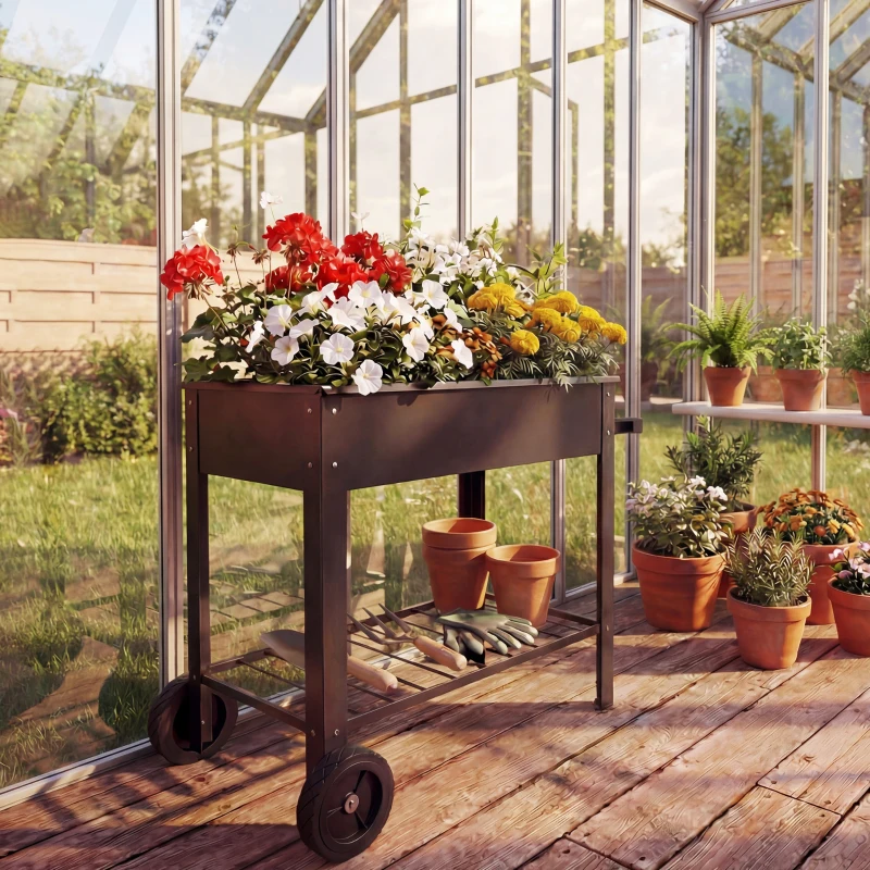 Outsunny Metal Raised Garden Bed, Elevated Planter Box with 2 Wheels, Handle and Shelf, 31.5" Tall Raised Planter