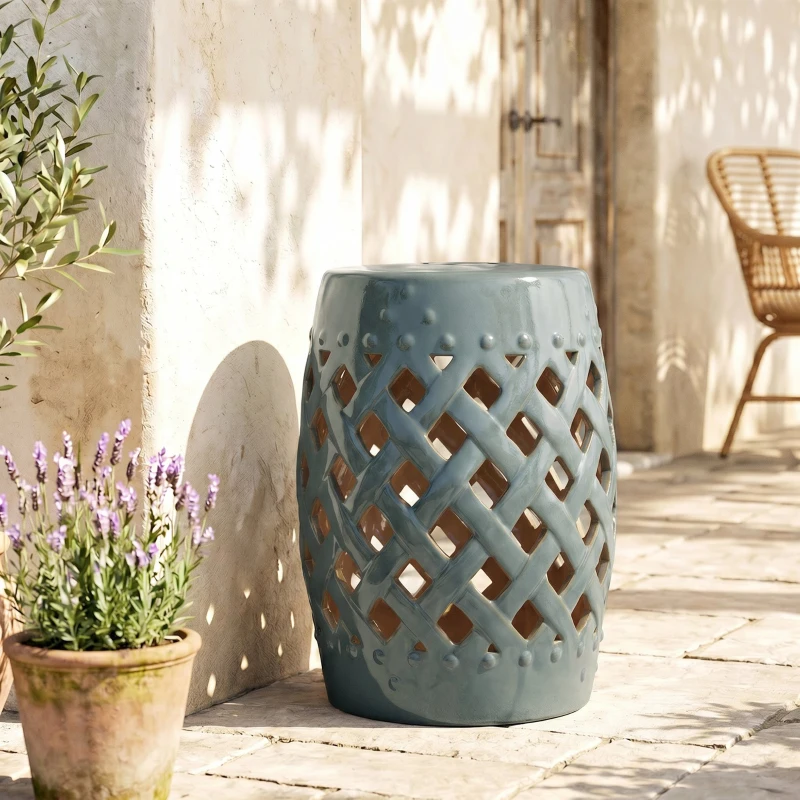 Outsunny 12.5" x 18" Ceramic Garden Stool with Woven Lattice Design & Glazed Strong Materials Decorative Outdoor Stool, Green