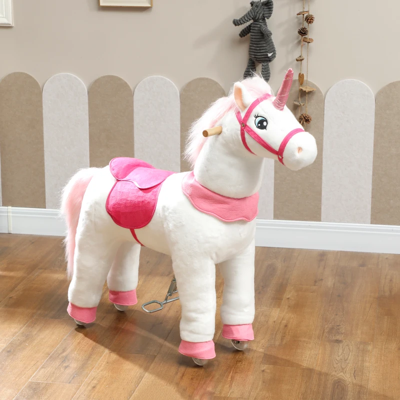 Qaba Ride on Unicorn Toy for Kids 4-7 Years, 37.8 Inch Plush Baby Rocking Horse with Wheels, No Battery Required, White