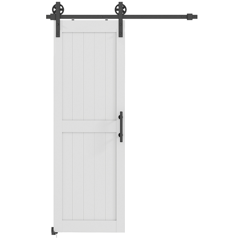 HOMCOM 28inx84in Barn Door with 5FT Sliding Door Hardware Kit, Handle, Upgraded Rollers and Floor Guide, Waterproof, White