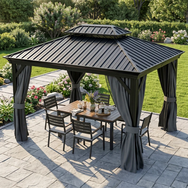 Outsunny 10' x 12' Hardtop Gazebo Permanent Pavilion w/ Double Roof Aluminum Frame Sidewalls for Patio Garden Deck, Dark Gray