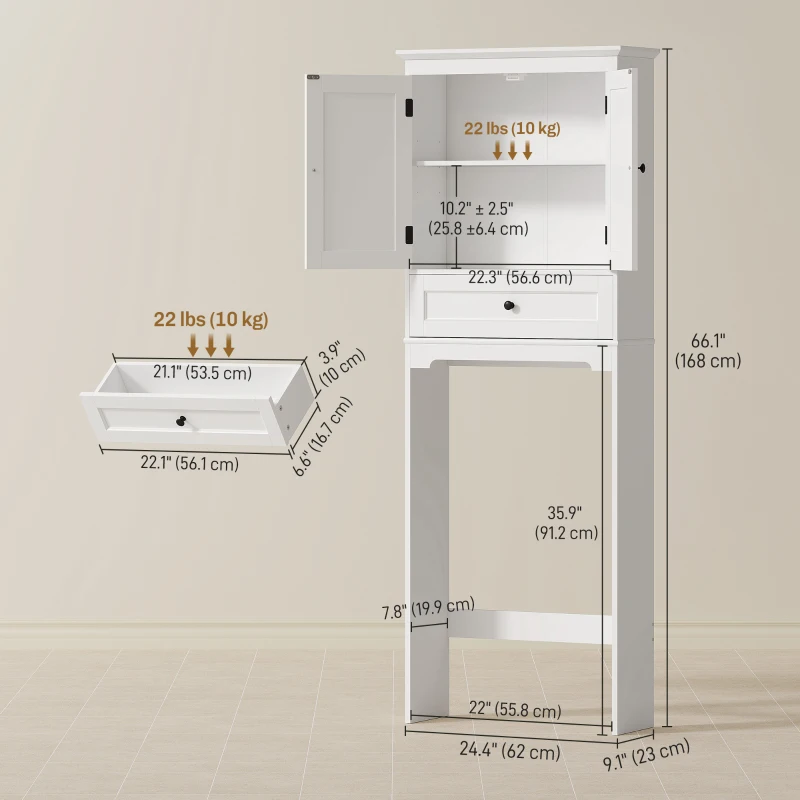 HOMCOM Over The Toilet Storage, Modern Bathroom Cabinet Over Toilet with Drawer, Cabinet and Adjustable Shelf, White