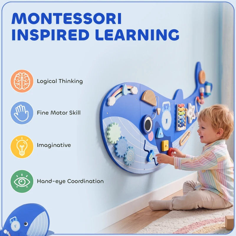 Qaba Whale Activity Wall Busy Board, 13 in 1 Montessori Sensory Wall Panel for Playroom Nursery Classroom Boys Girls 2+, Blue