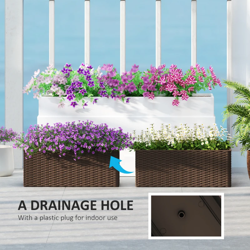 Outsunny 2 Pack 20 Inch Hanging Flower Pots, Railing Planter Box for Fence, Garden, Rattan Look, Brown