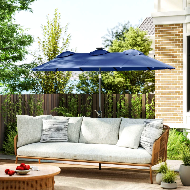 Outsunny Double-sided Patio Umbrella, 9.7' Outdoor Umbrella with Tilt and Crank, LED Solar Light and 12 Ribs, Navy Blue
