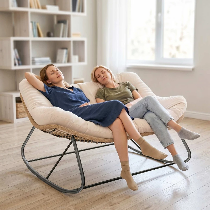 Outsunny Indoor Outdoor Double Papasan Rocking Chair, Oversized Rocking Egg Chair with Cushion for Garden, Patio, Cream White