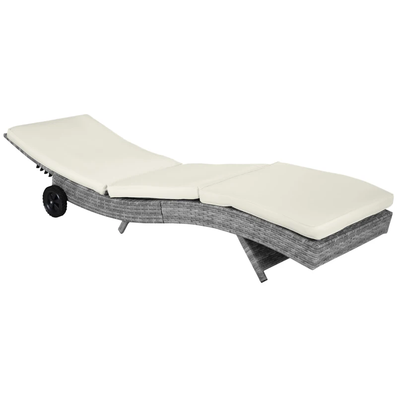 Outsunny Wicker Chaise Lounge Chair Outdoor PE Rattan Cushioned Patio Sun Lounger with 5-Level Adjustable Backrest & Wheels for Easy Movement, Cream White