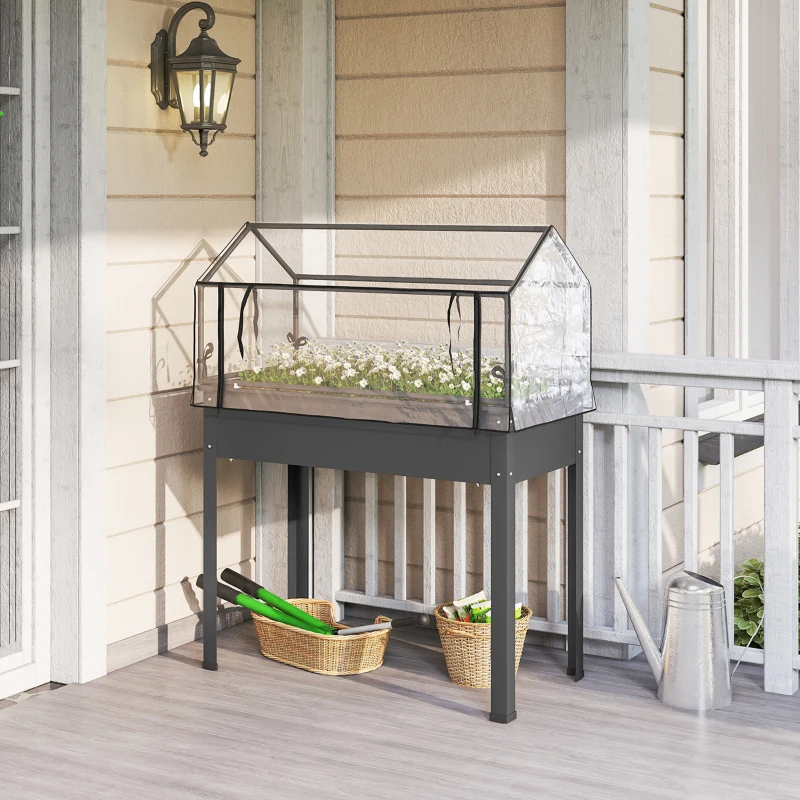 Outsunny Elevated Garden Box with Greenhouse Cover, Raised Garden Bed with Legs and Drainage Hole for Vegetables, Dark Gray