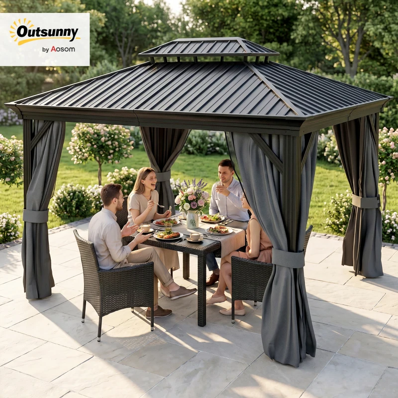 Outsunny 10' x 12' Hardtop Gazebo Permanent Pavilion w/ Double Roof Aluminum Frame Sidewalls for Patio Garden Deck, Dark Gray