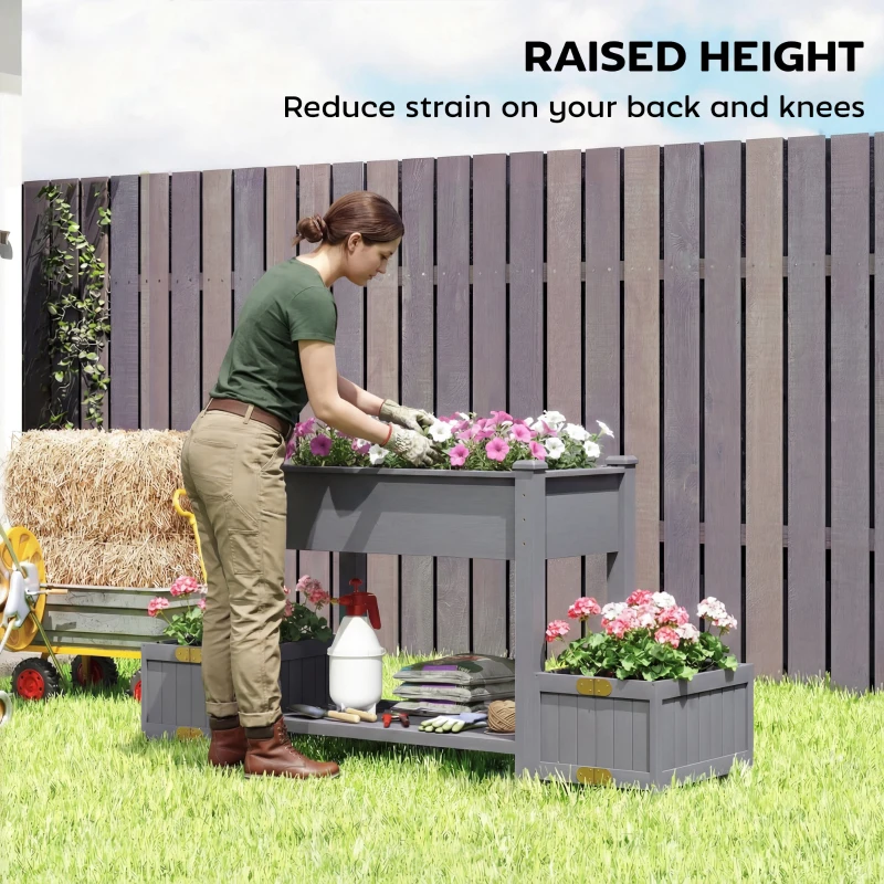 Outsunny Wooden Raised Garden Bed with 2 Foldable Side Pots, Raised Planter with Storage Shelf and Drainage Holes