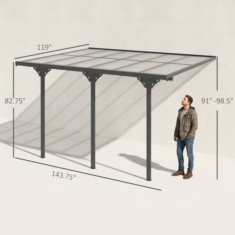 Outsunny 12' x 10' Outdoor Polycarbonate Pergola, Transparent UV Blocking Awning, Hardtop Deck Gazebo, Aluminum, Gray