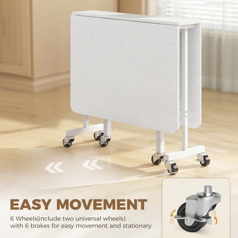 HOMCOM Six-Seater Drop-Leaf Dining Table with Wheels, White