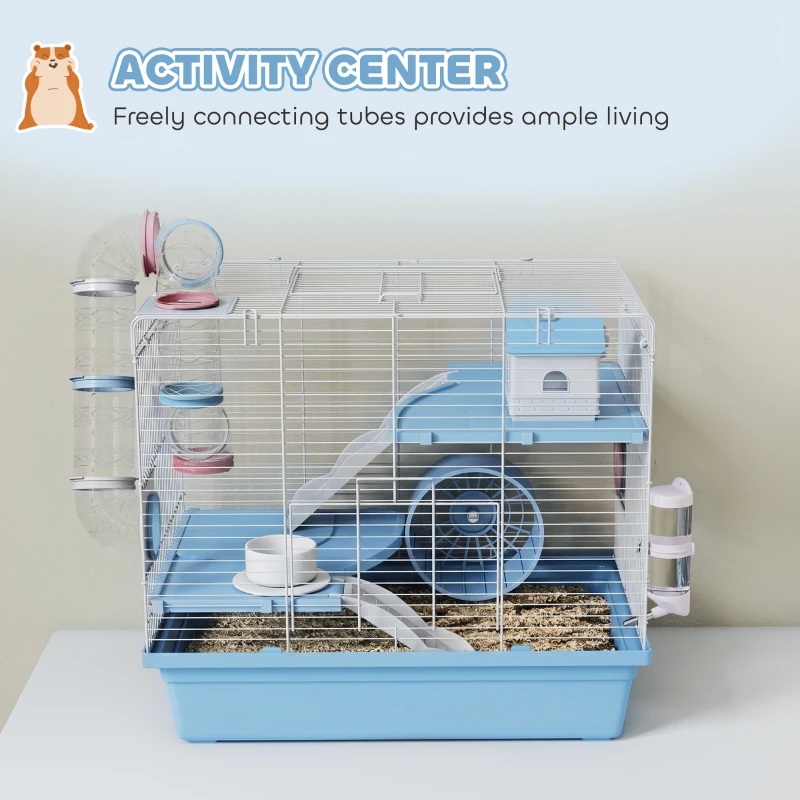 PawHut Hamster Cage, 3-Tier Small Animal Cage with Exercise Wheel, Food Bowl, Water Bottle, House, Tunnels, Ramps