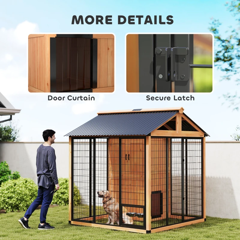PawHut 7' x 6' Extra Large Dog House, Wood Outdoor Dog Kennel with Storage Cabinet, Stainless Steel Bowls, Light Yellow