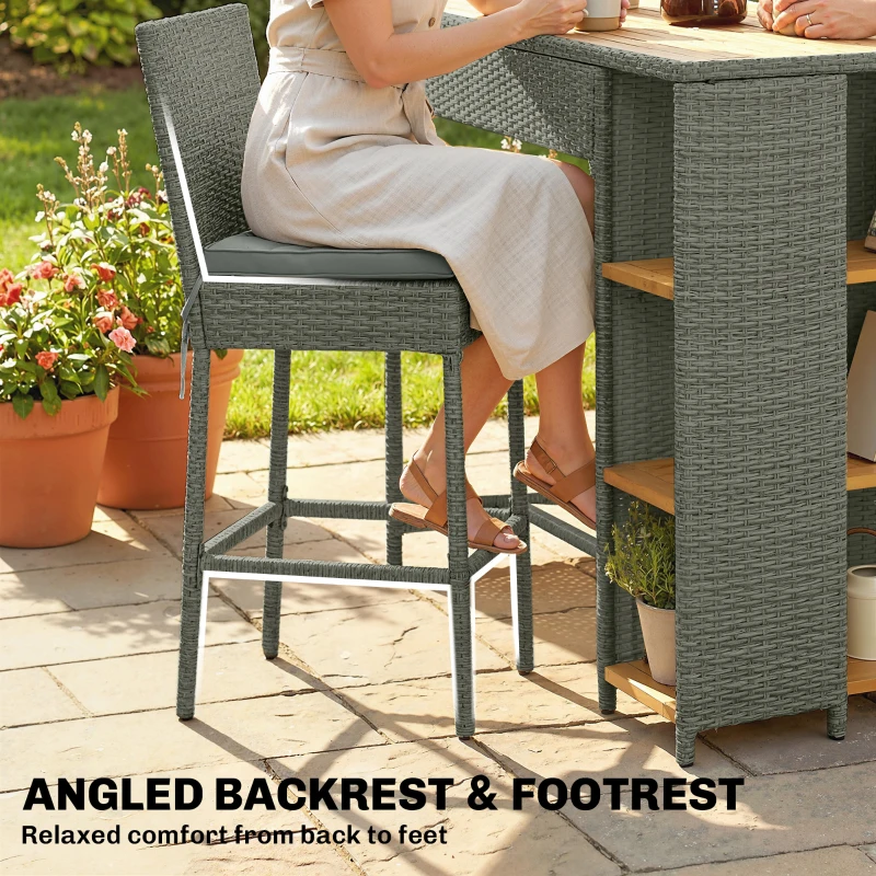 Outsunny 5 Piece Wicker Outdoor Bar Set, Acacia Wood Outdoor High Top Table and Chairs with 3 Tier Shelves, Cushions, Gray
