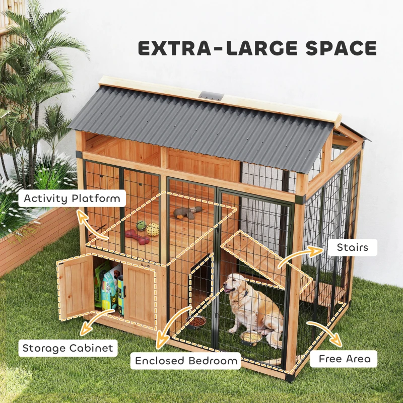 PawHut 7' x 5' Extra Large Dog House, Wood Outdoor Dog Kennel with Platform, Storage Cabinet for Large Breeds, Yellow