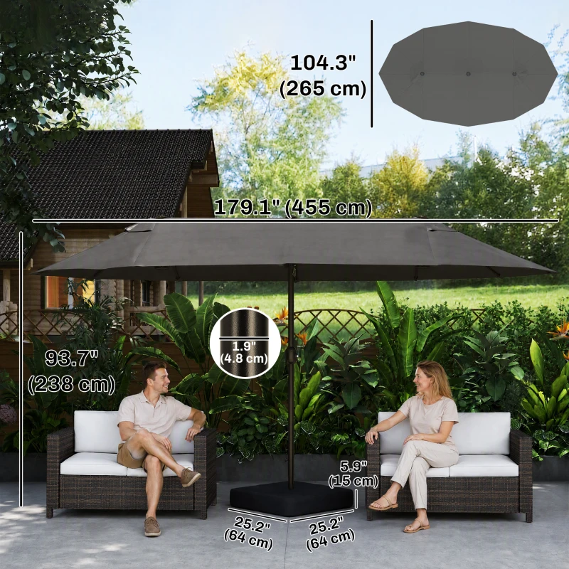Outsunny 15' Outdoor Patio Umbrella with Twin Canopy Sunshade Steel Table Umbrella w/ Lift Crank, Cross Base, Sandbag, Dark Grey