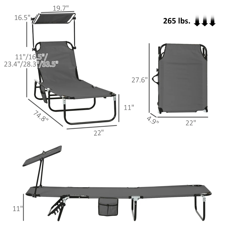 Outsunny Pool Chaise Lounge Chairs Set of 2, Folding Lounge Chairs with Sunshade, Reclining Back, Steel Frame, Dark Gray