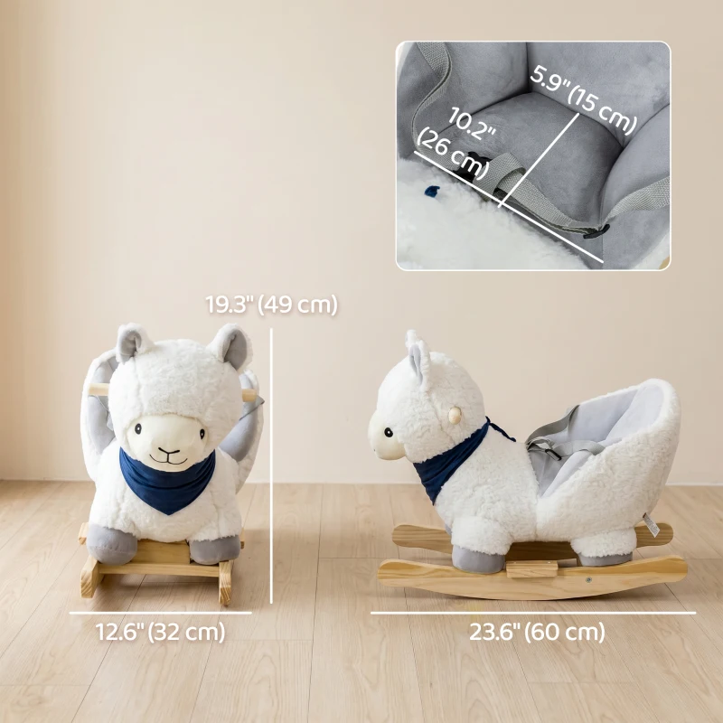 Qaba Baby Rocking Horse, Plush Animal Rocker Alpaca with Realistic Sound, Seat Belt, Handle Grip for 12-36 Months, White