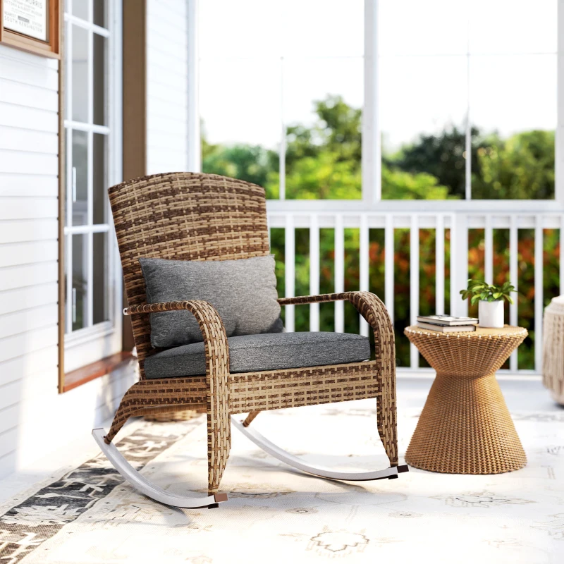 Outsunny Adirondack Chair, Outdoor Wicker Rocking Chair with High Back, Seat Cushion, and Pillow for Porch, Balcony, Gray