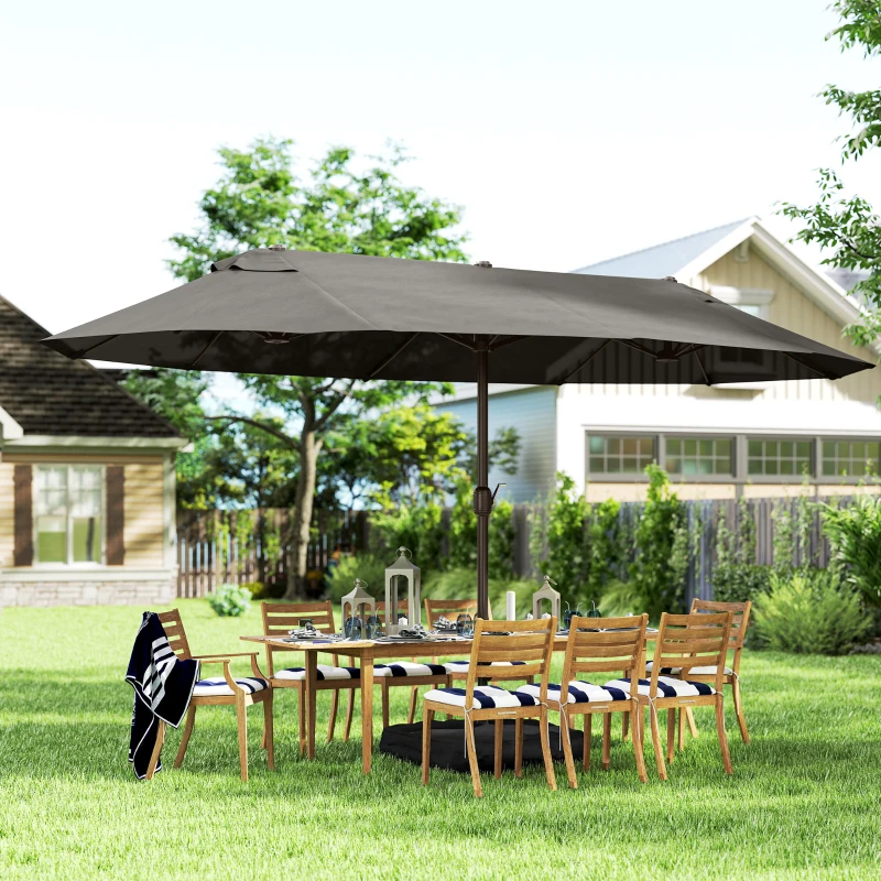 Outsunny 15' Outdoor Patio Umbrella with Twin Canopy Sunshade Steel Table Umbrella w/ Lift Crank, Cross Base, Sandbag, Dark Grey