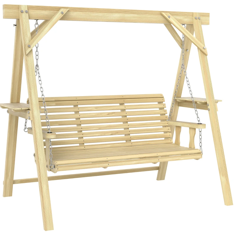 Outsunny 3 Seat Wooden Porch Swing with Stand, Patio Swing with Side Tables, for Garden, Poolside, Backyard, Natural Wood