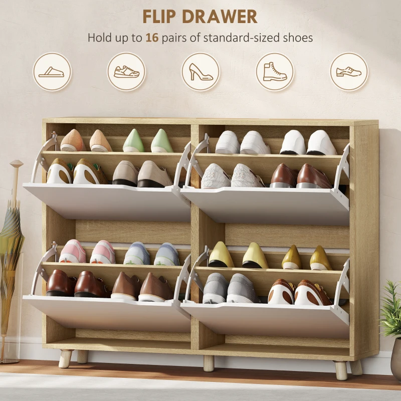 HOMCOM Narrow Shoe Cabinet, Shoe Storage Cabinet with 4 Flip Drawers and Adjustable Shelves for 16 Pairs of Shoes, White